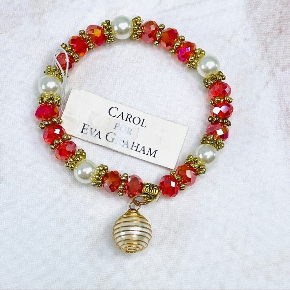 Carol for Eva Graham pearl, pink, coral, gold beaded bracelet NWT